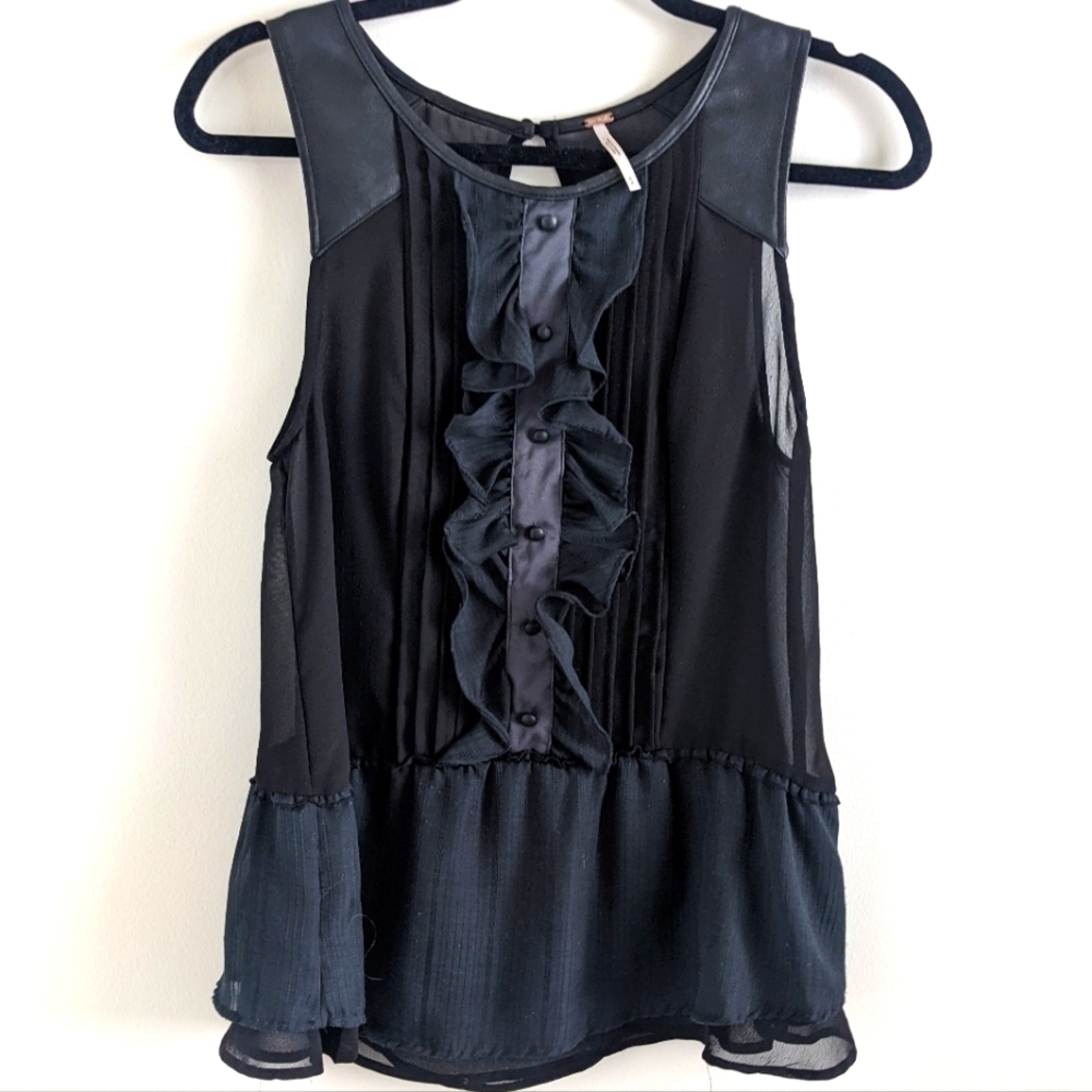 𝅺FREE People Sheer Ruffle Sleeveless Top Leather Details S Wednesday Whimsygoth